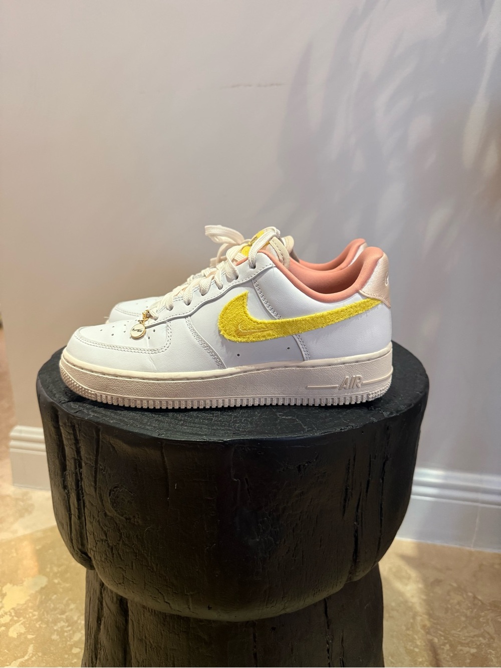Nike White Sneakers with Yellow Swoosh and Pink Collar
